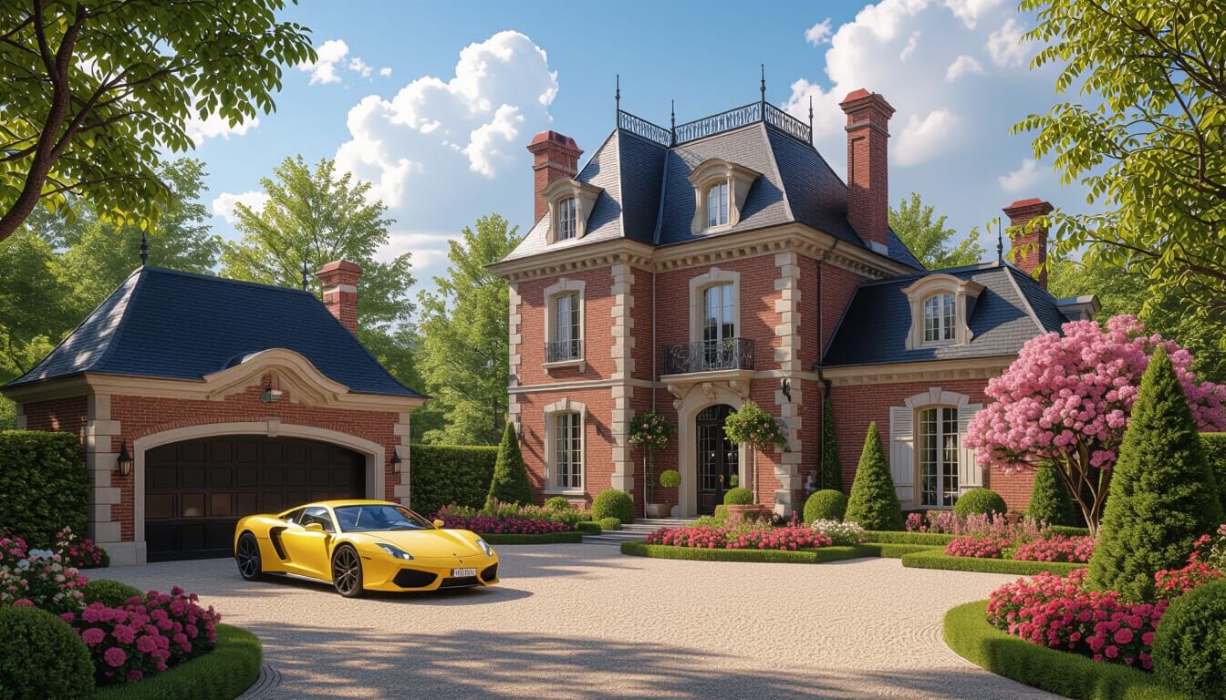 Grand Brick Chateau with Yellow Sports Car in Monet Style