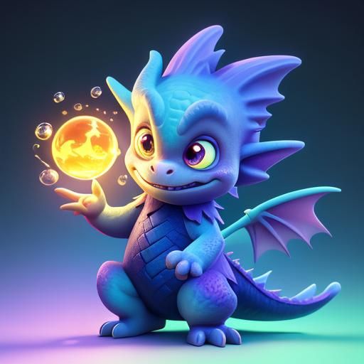 cute baby dragon playing with bubbles