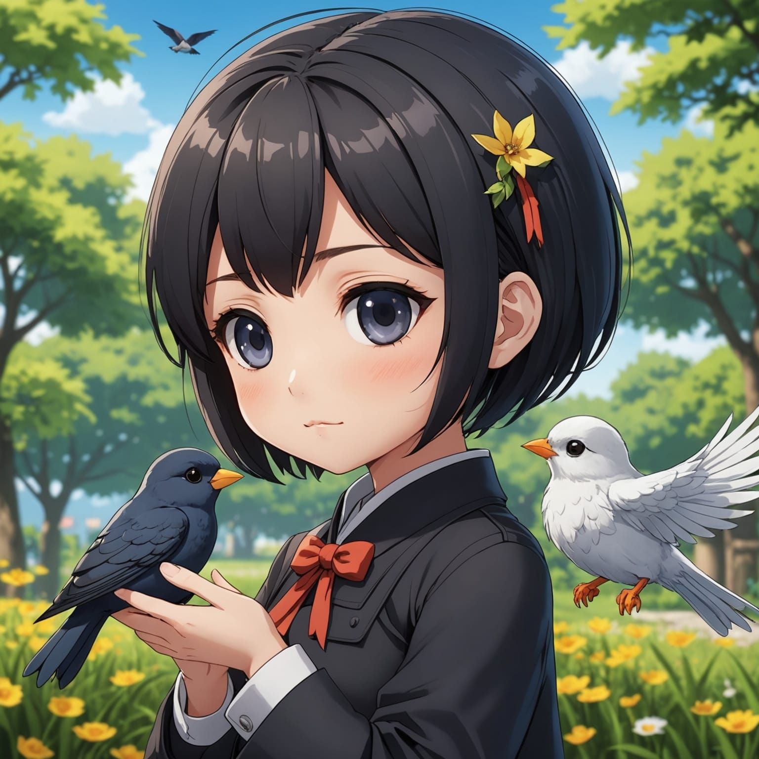 Anime Girl Petting Bird: Chibi Style Digital Art
