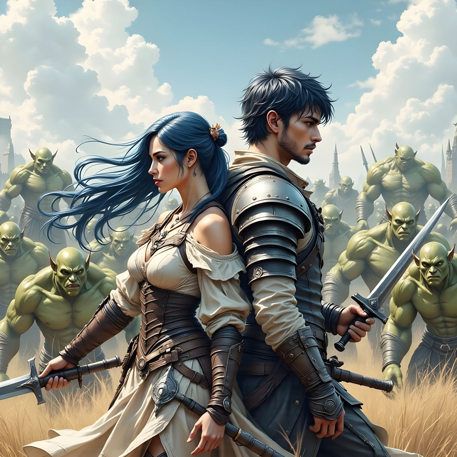 Elegant Warriors Battle Fierce Trolls in a Vibrant Summer La...