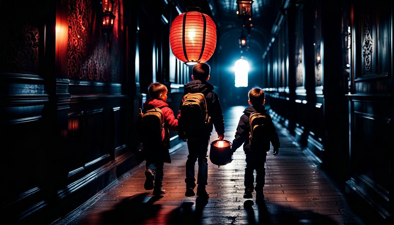 Children with Lanterns in Haunted House Hallway