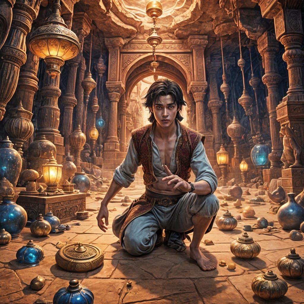 Aladdin in Cave of Wonders: Anime Cel-Shaded Art