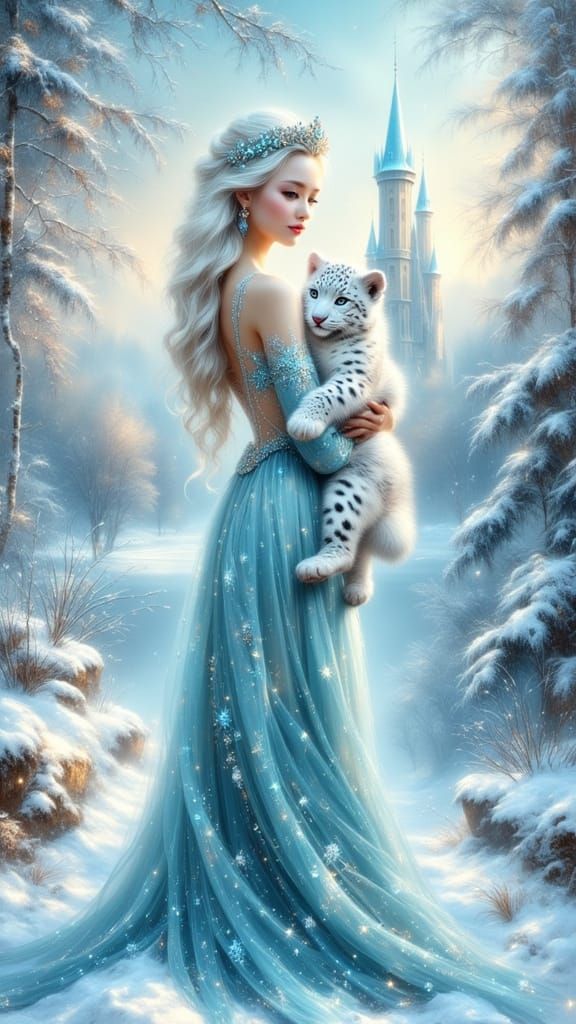 Snow Princess with Leopard Cub in Fairytale Castle