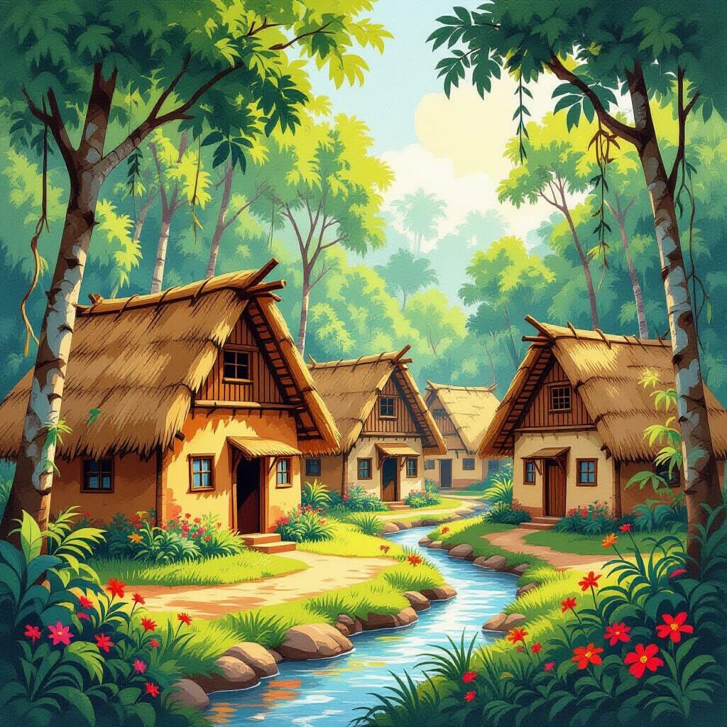 Indigenous Jungle Village in Retro Style