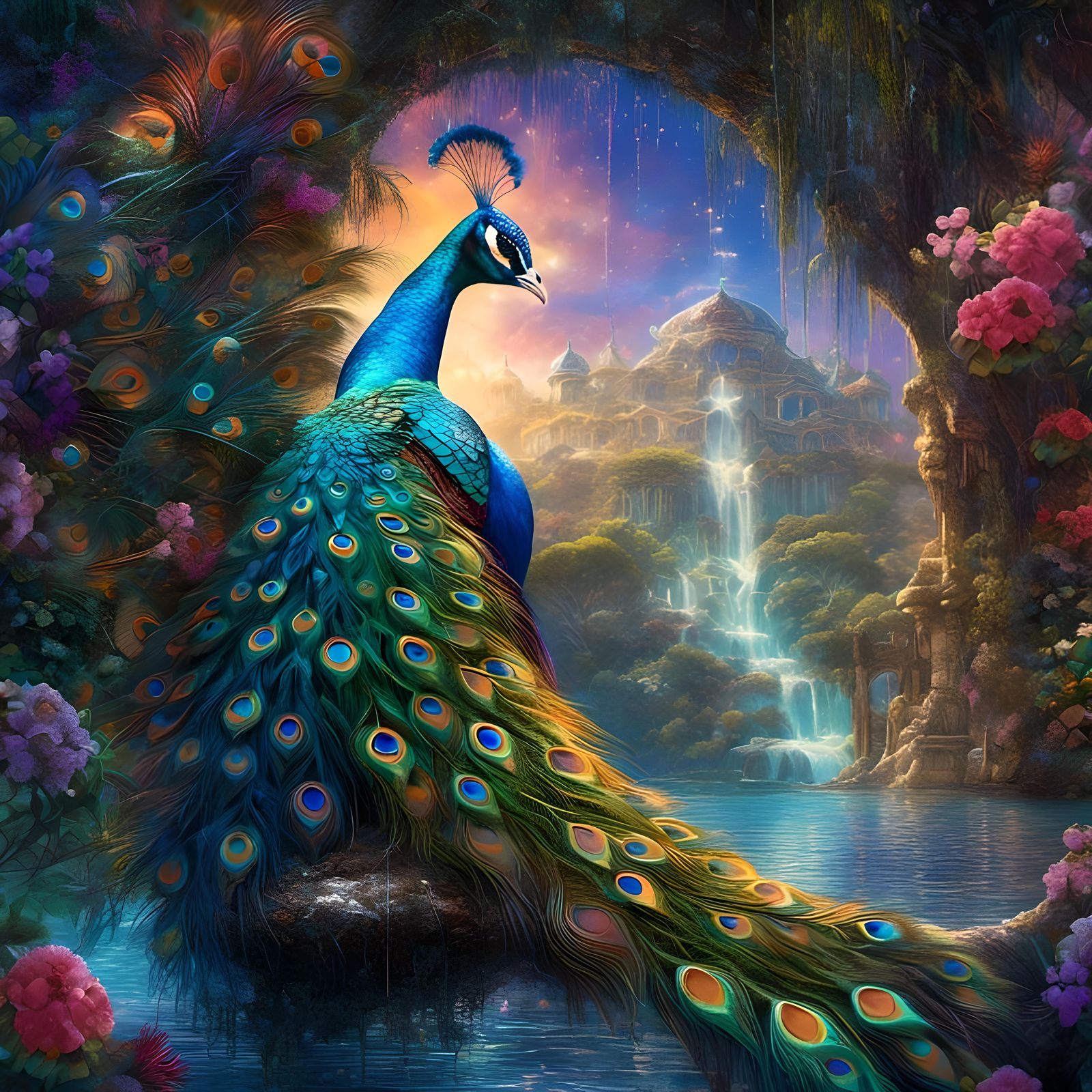 Surreal Peacock Jungle Waterfall in Digital Painting Style