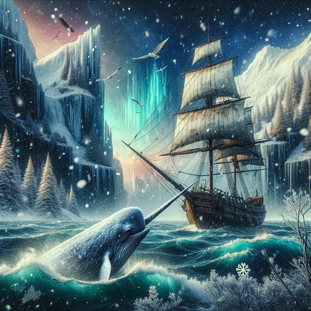 Narwhal in Icy Depths Beneath Sailboat: Matte Painting