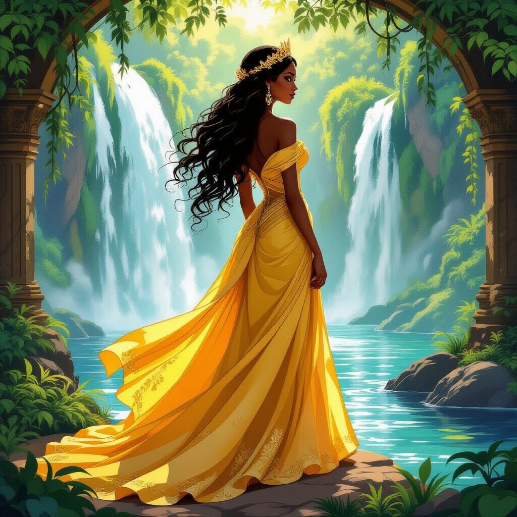Black Princess by Waterfall in Art Nouveau Style
