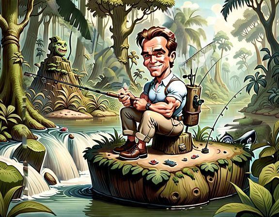 Arnold Schwarzenegger Fishing in Jungle, Caricature Painting