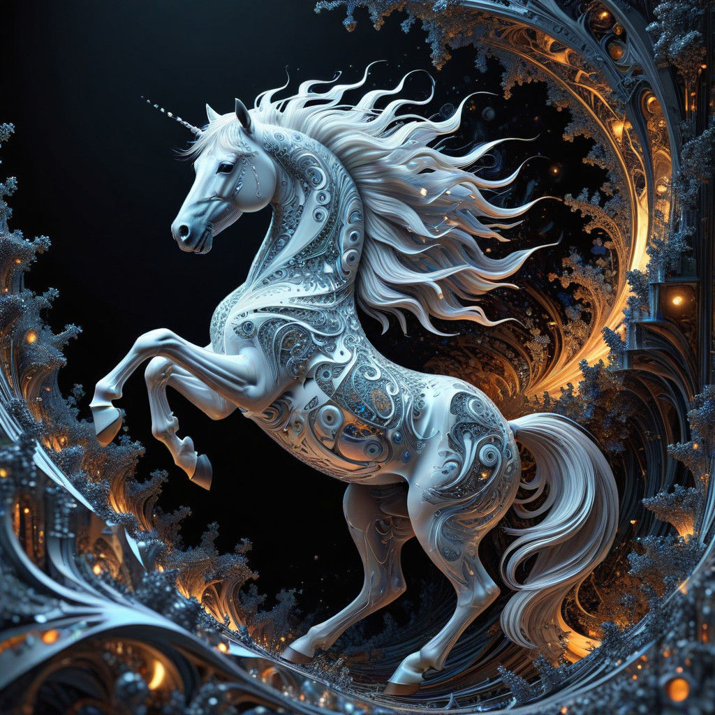 Ethereal Fractal Castle Amidst Swirling White Horse Mane