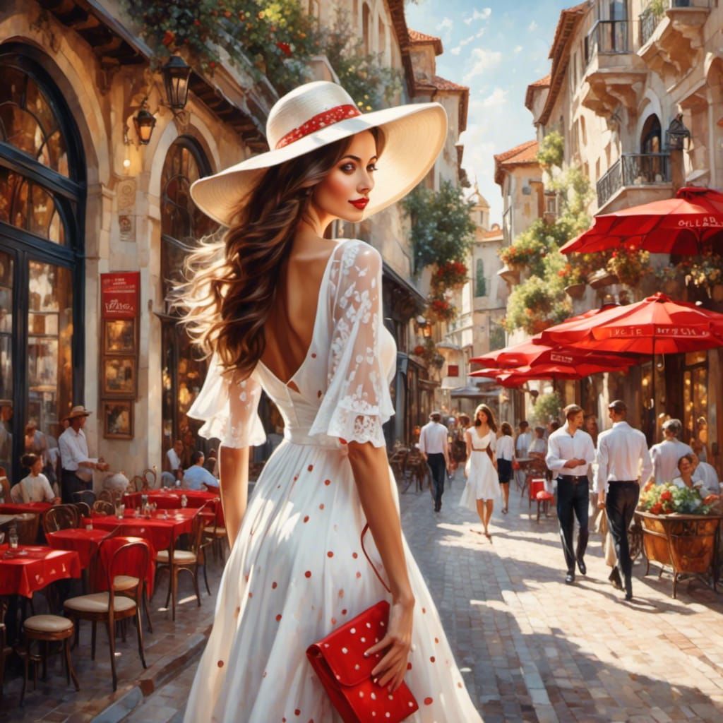 Brunette Beauty in White Dress: Vivid Oil Painting