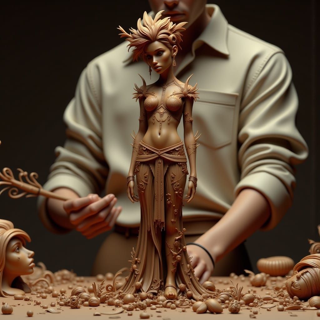 Wood-Nymph Clay Figure in Art Nouveau Punk Style