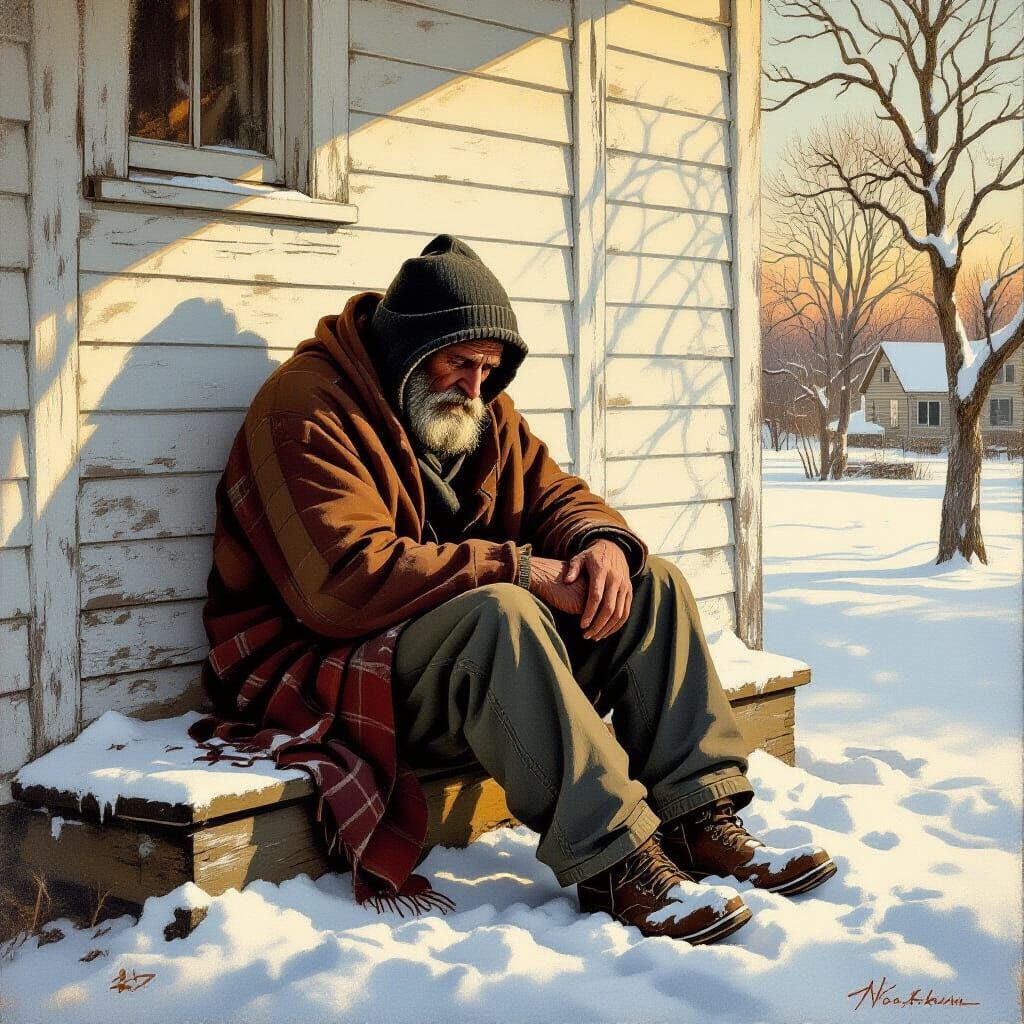 Homeless Man's Loneliness on Snowy Christmas Eve