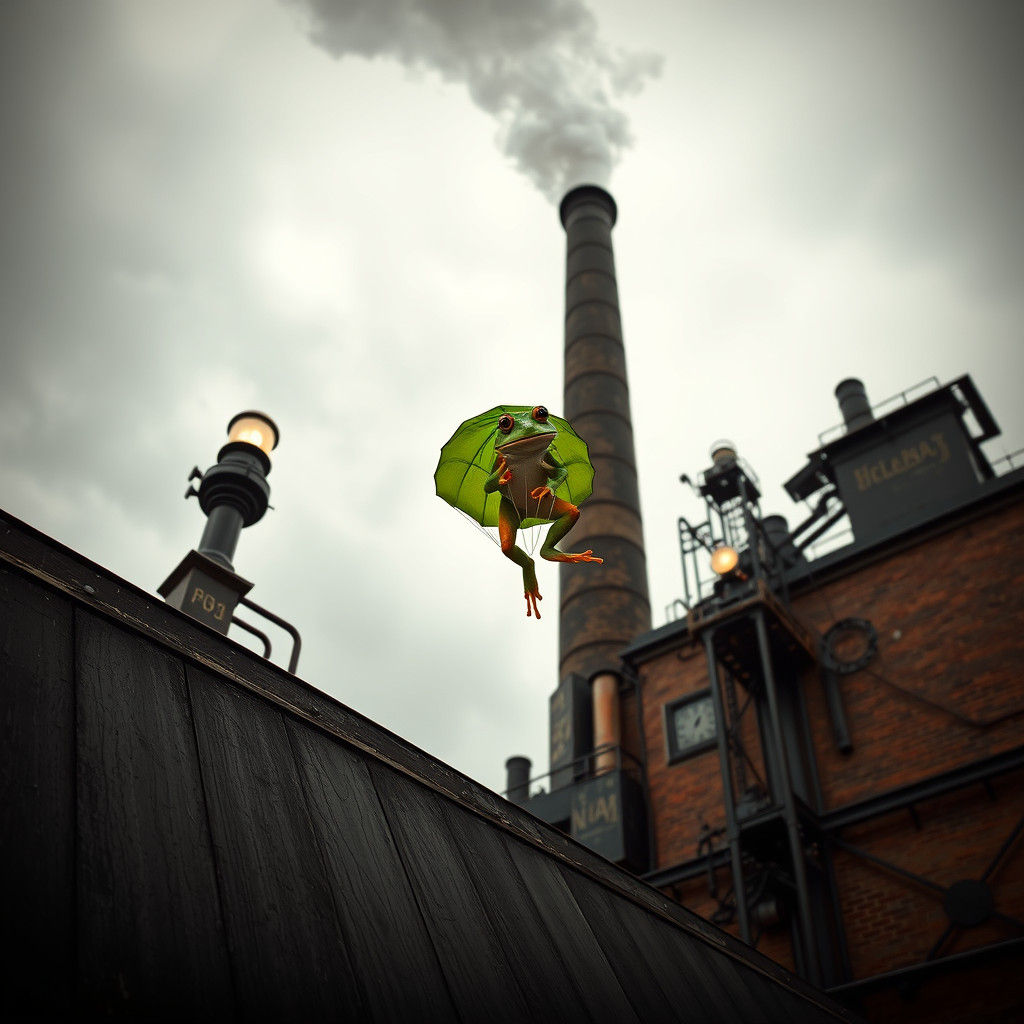 Frog Parachuting from Victorian Factory in Steampunk Style