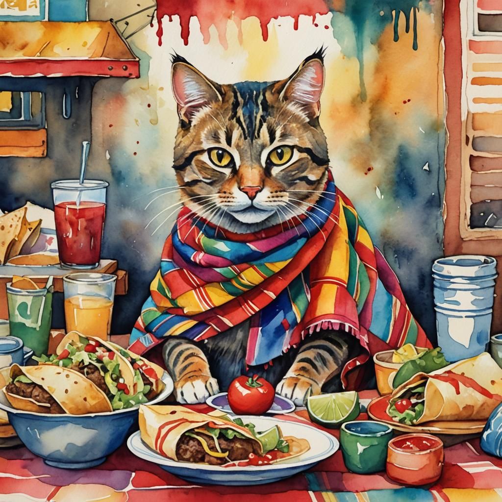 Tacocat in Serape Eating Taco, Watercolor Still Life