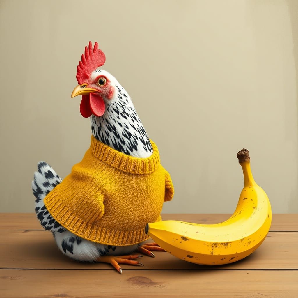 Whimsical Chicken Surrounded by Nature's Bounty