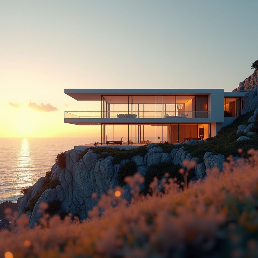 Coastal Cliff House Reflects Sunset in Art Nouveau Style