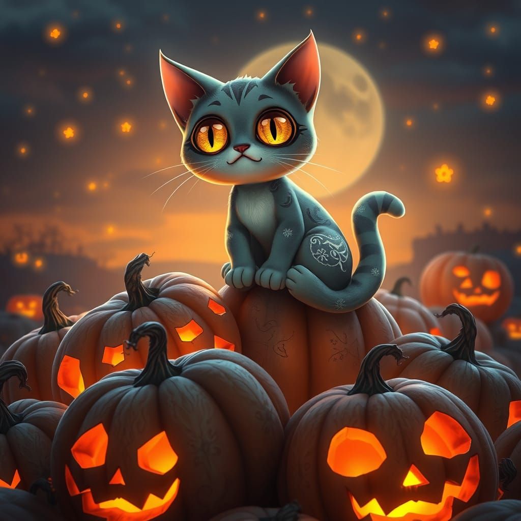 Bioluminescent Cat On Carved Pumpkins At Twilight