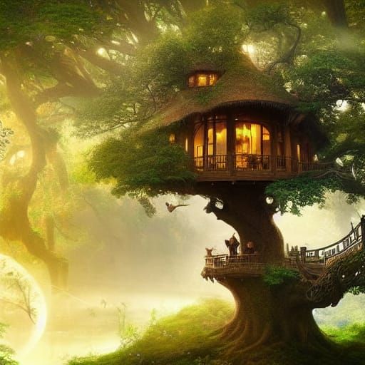 Mystical Treehouse with Magic Creatures: Digital Matte Paint...