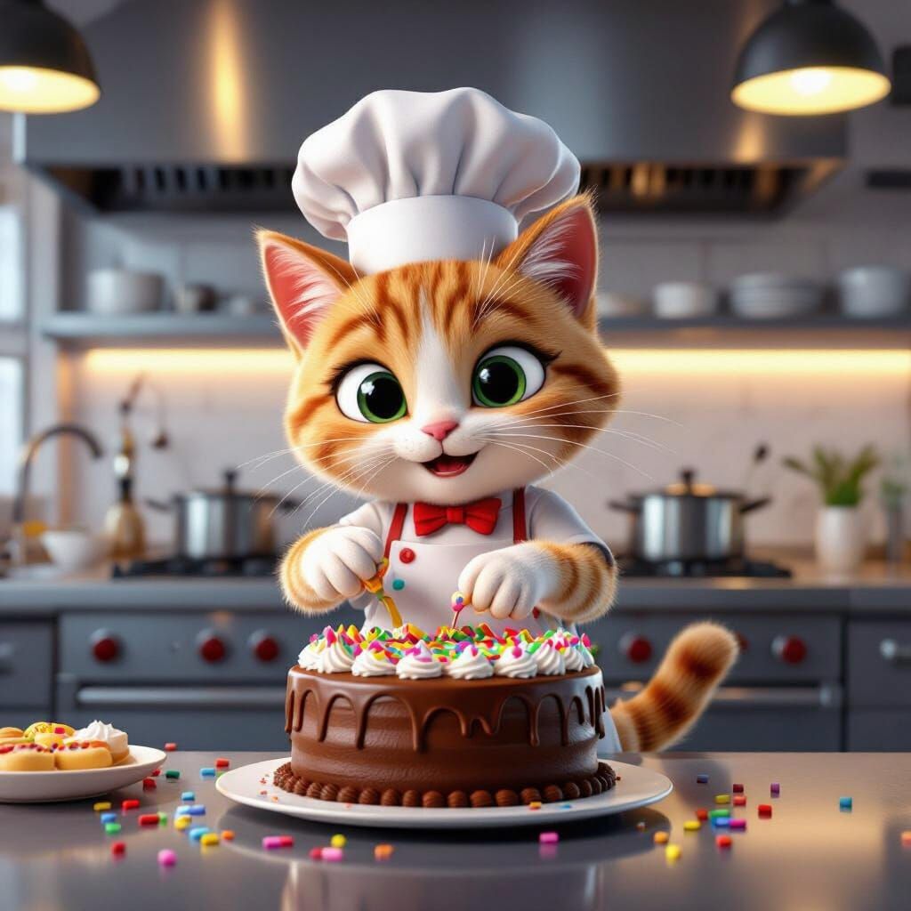 Cartoon Cat Decorating Cake in Pixar Style