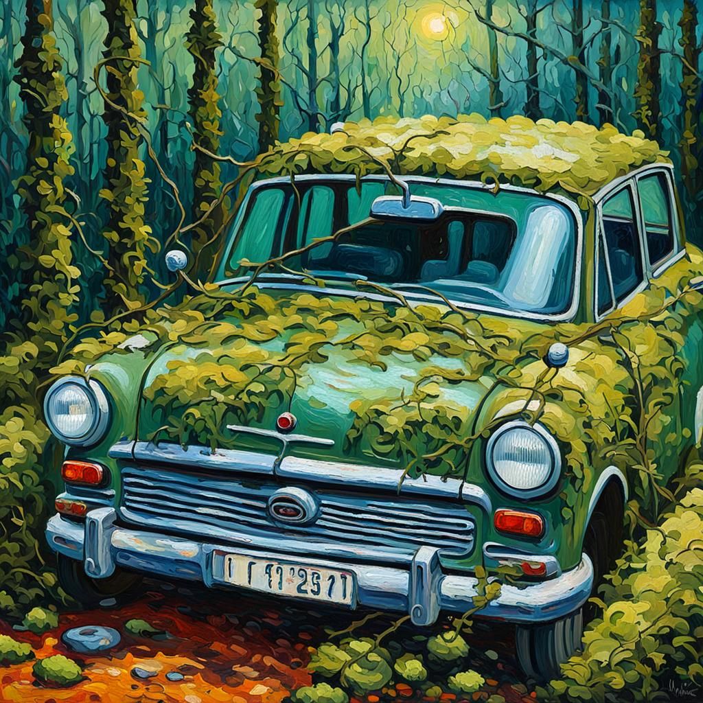 Vintage Car Reclaimed by Nature, Impasto Oil Painting