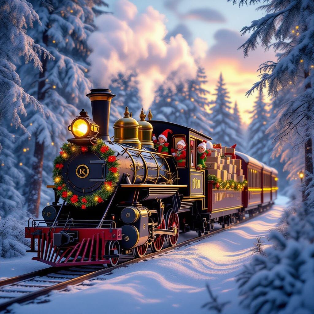 Whimsical Train in Enchanted Forest: Golden Hour
