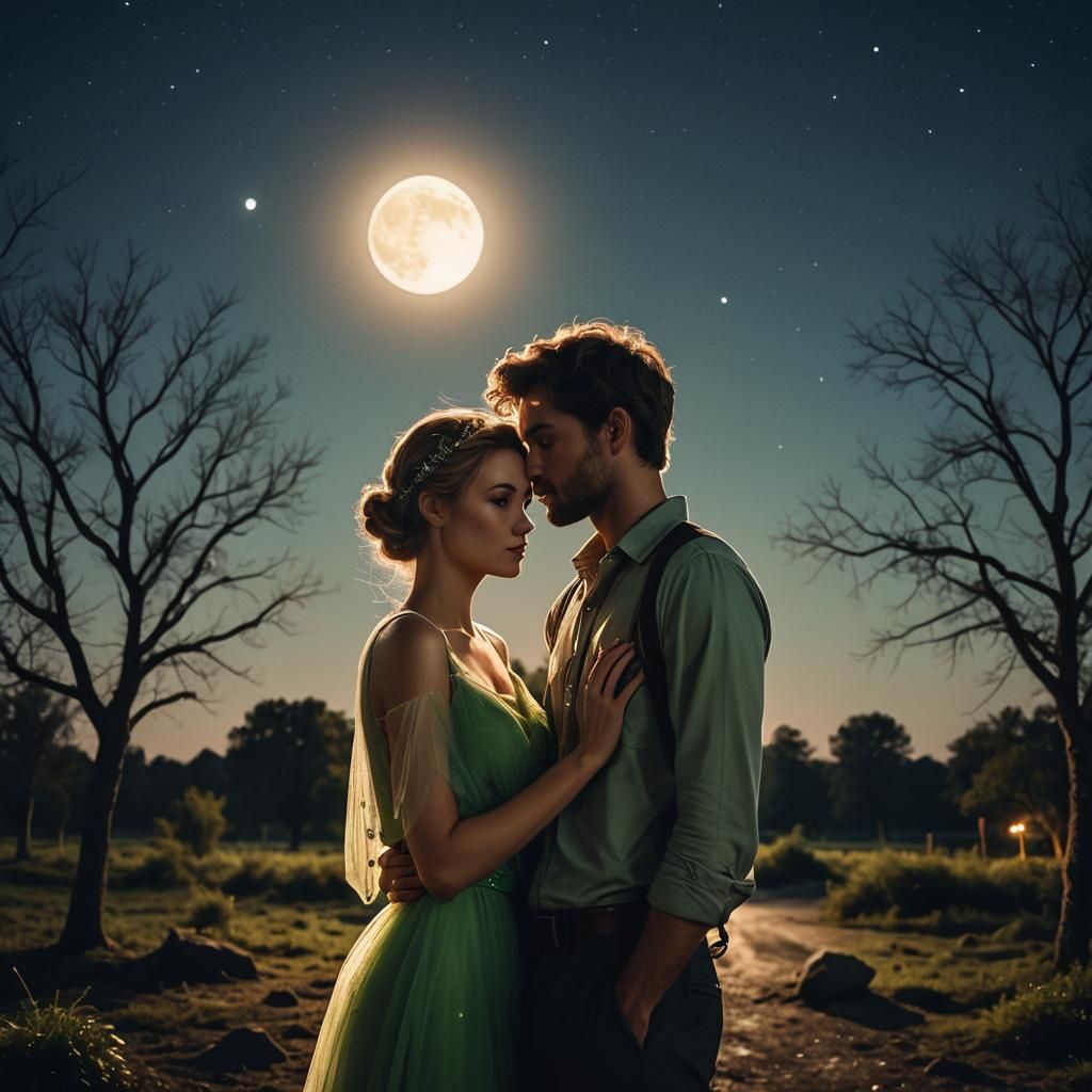 Romantic Couple Under Moonlight: Cinematic Film Still