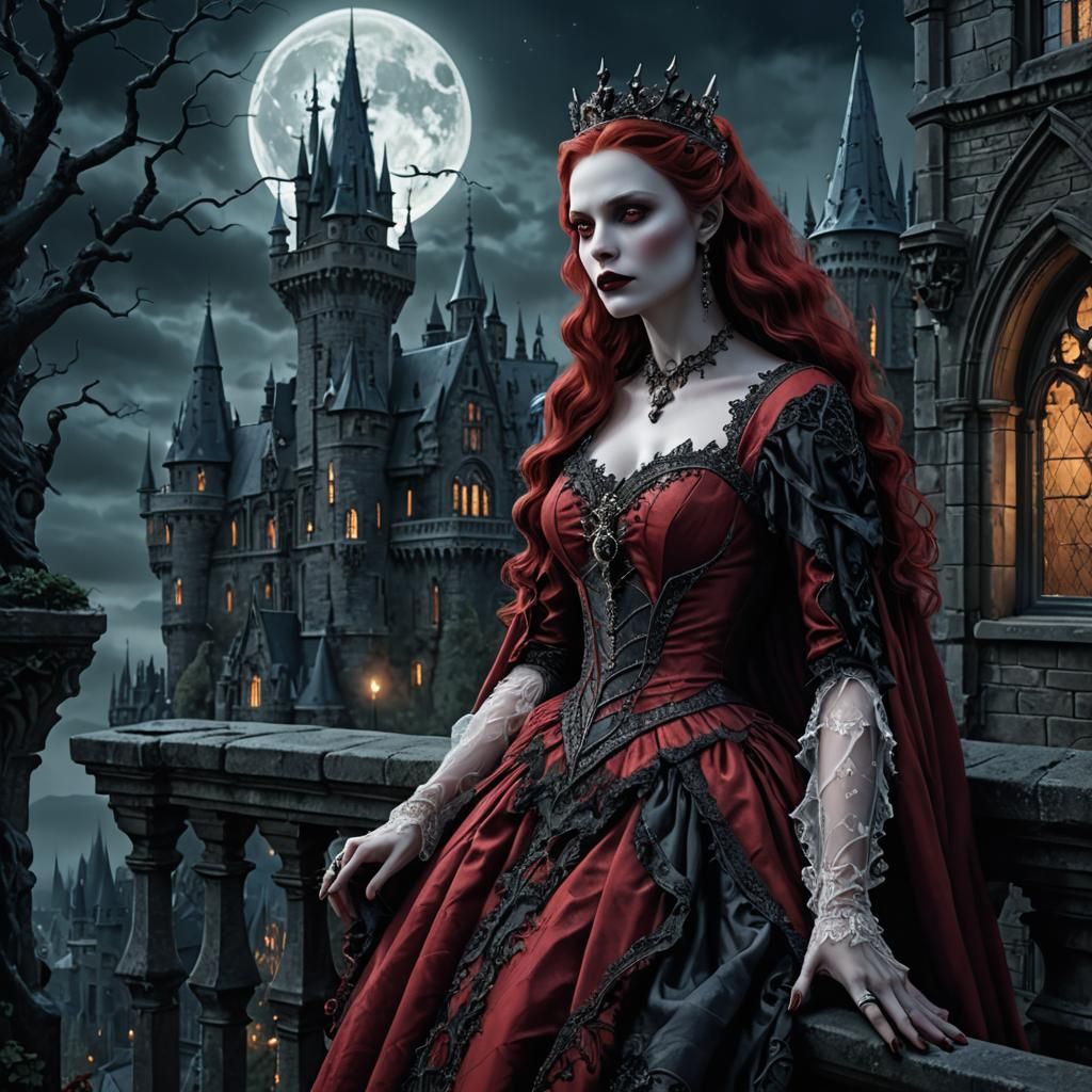 beautiful Vampire Queen on a castle balcony