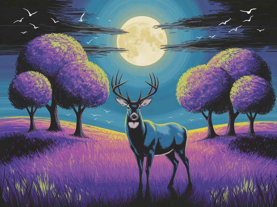 Mystical Buck in Impressionistic Landscape at Dusk