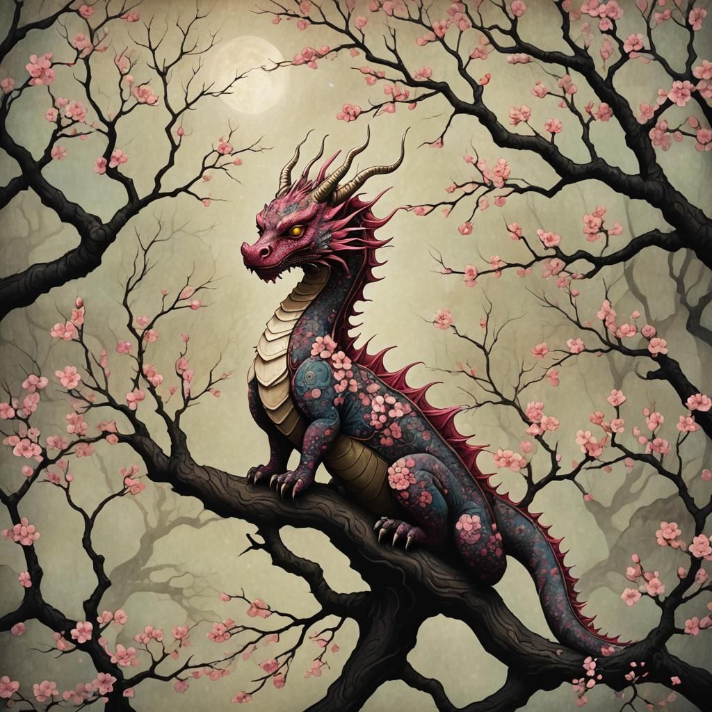 Cherry Blossom Dragon in Naive Art Style