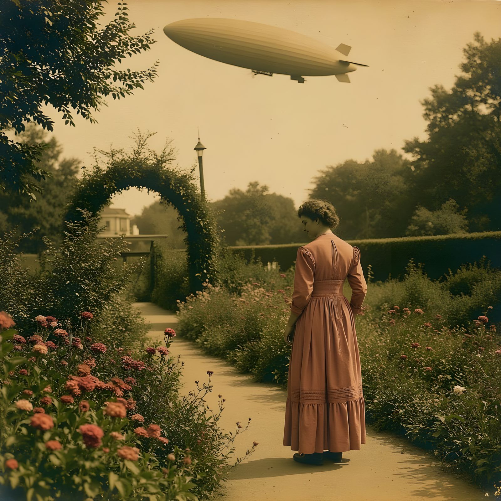 Vintage Dirigible Soars Over a Serene Early 20th-Century Gar...