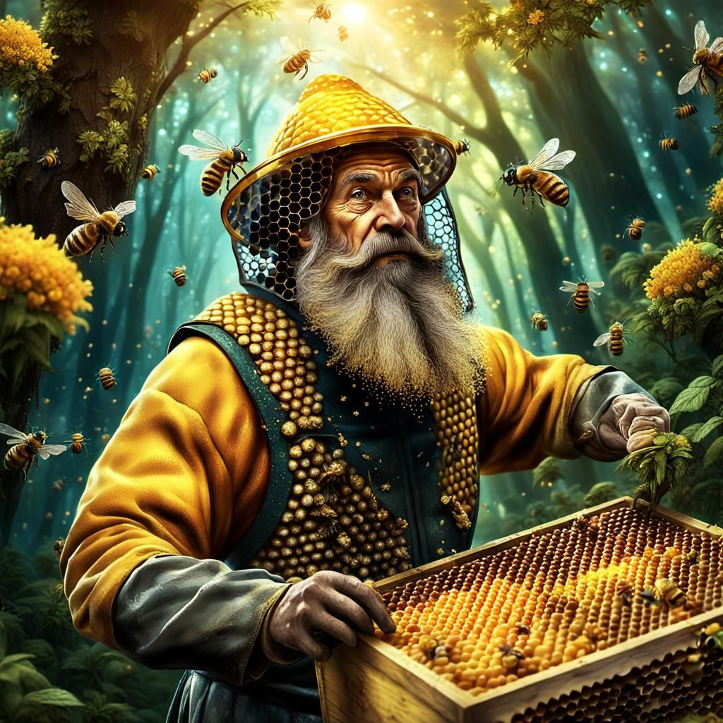 Beekeeper Dwarf with Honeycomb Beard in Enchanted Forest
