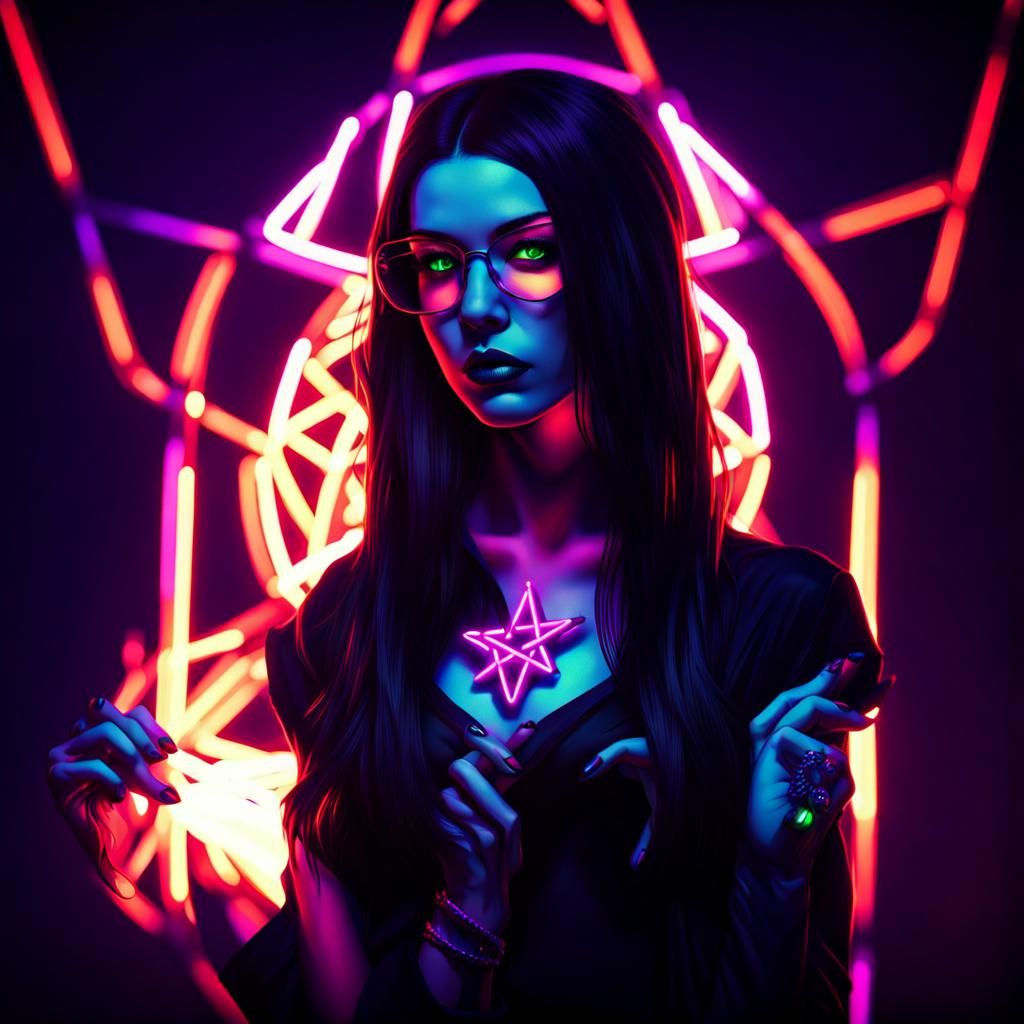 Neon Witch with Pentagram in Synthwave Style