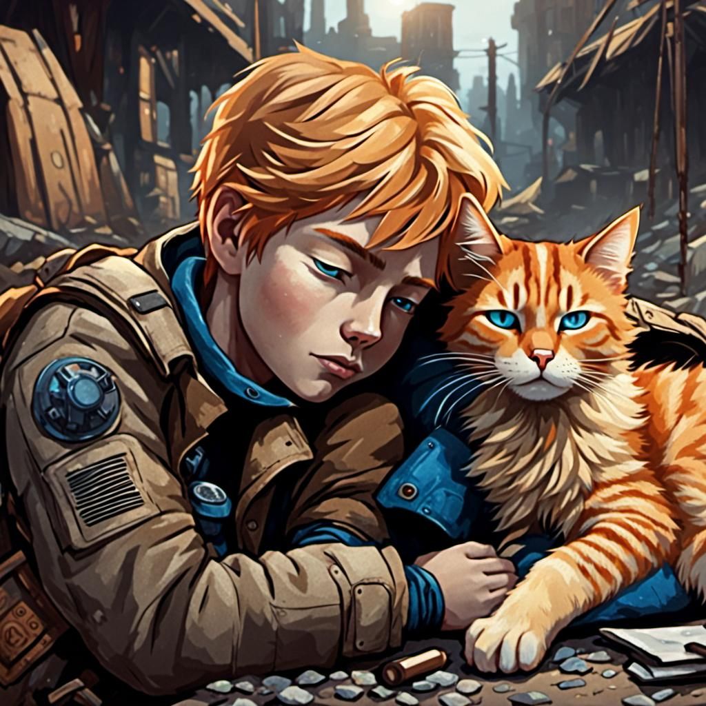 Post-Apocalyptic Cat and Boy in Ridley Scott Style