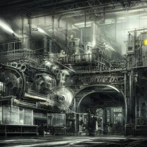 Manager Overseeing Busy Factory Floor in Moody Lighting