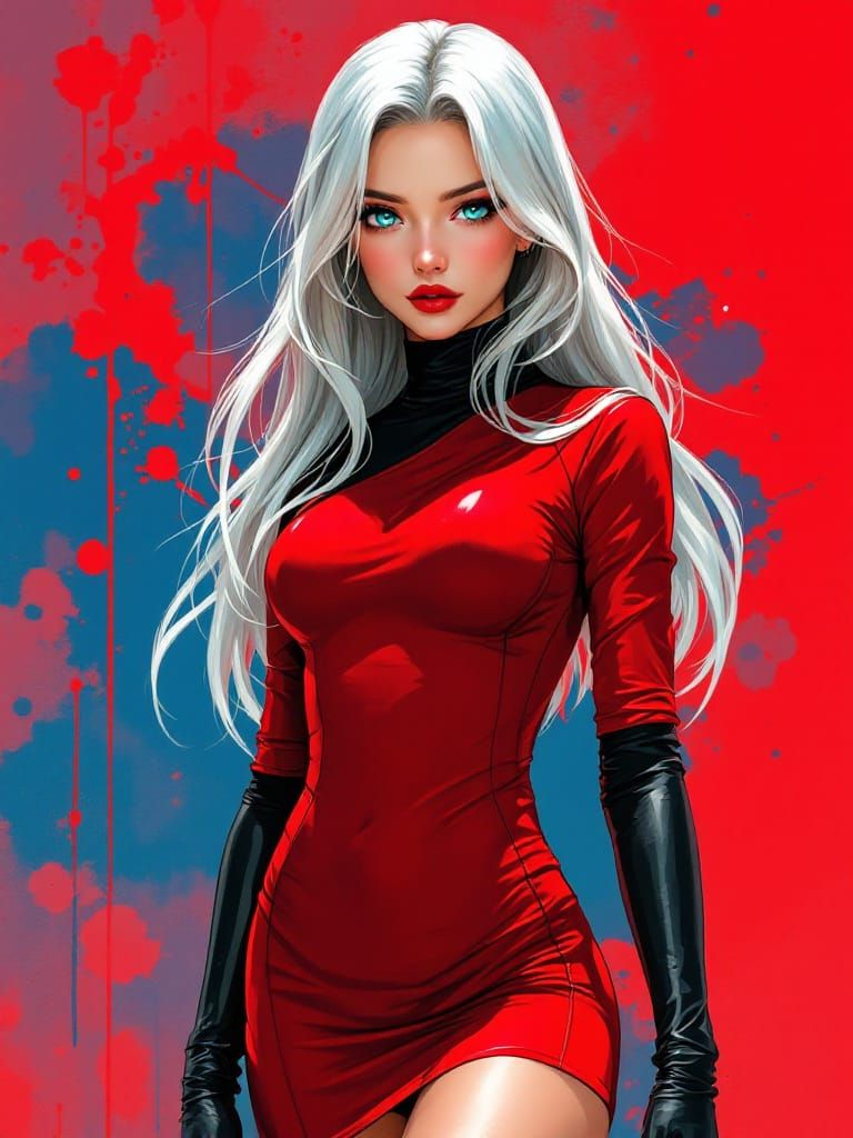 Anime Woman in Red Dress with Cyan Eyes