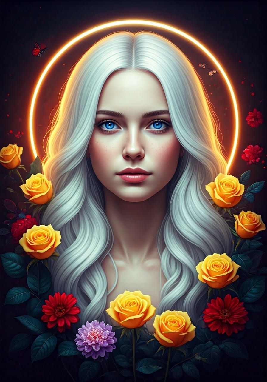 Angelically Adorned Young Woman in Vibrant Bloom