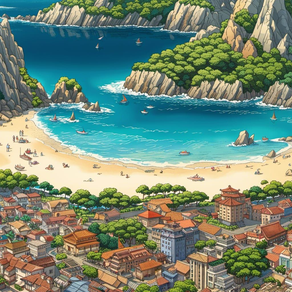 Anime Beach Cityscape in Detailed Manga Style