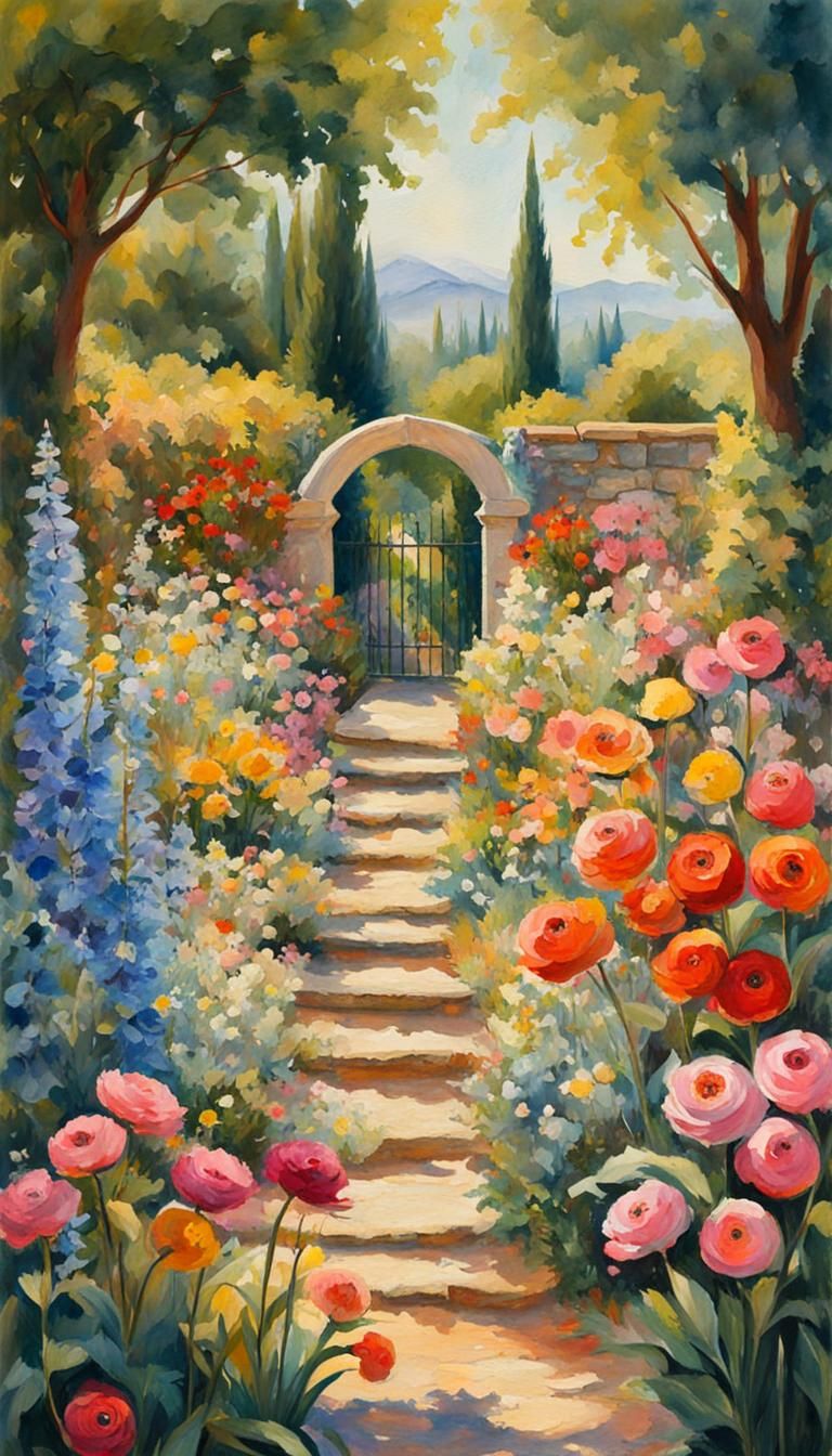 Secret Flower Garden in Gouache Watercolor Style