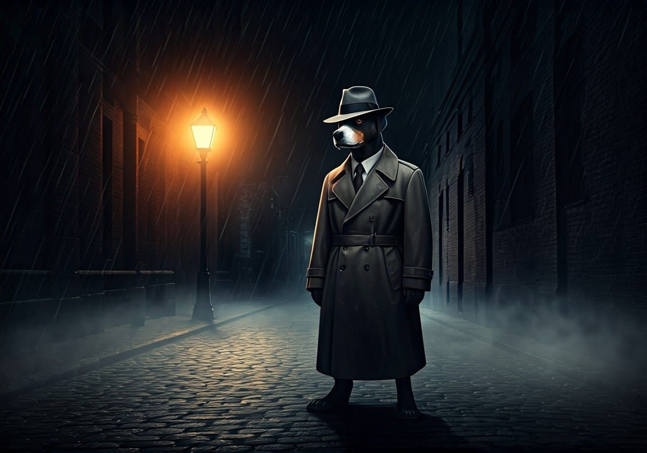 Gumshoe Dog in Foggy Alleyway