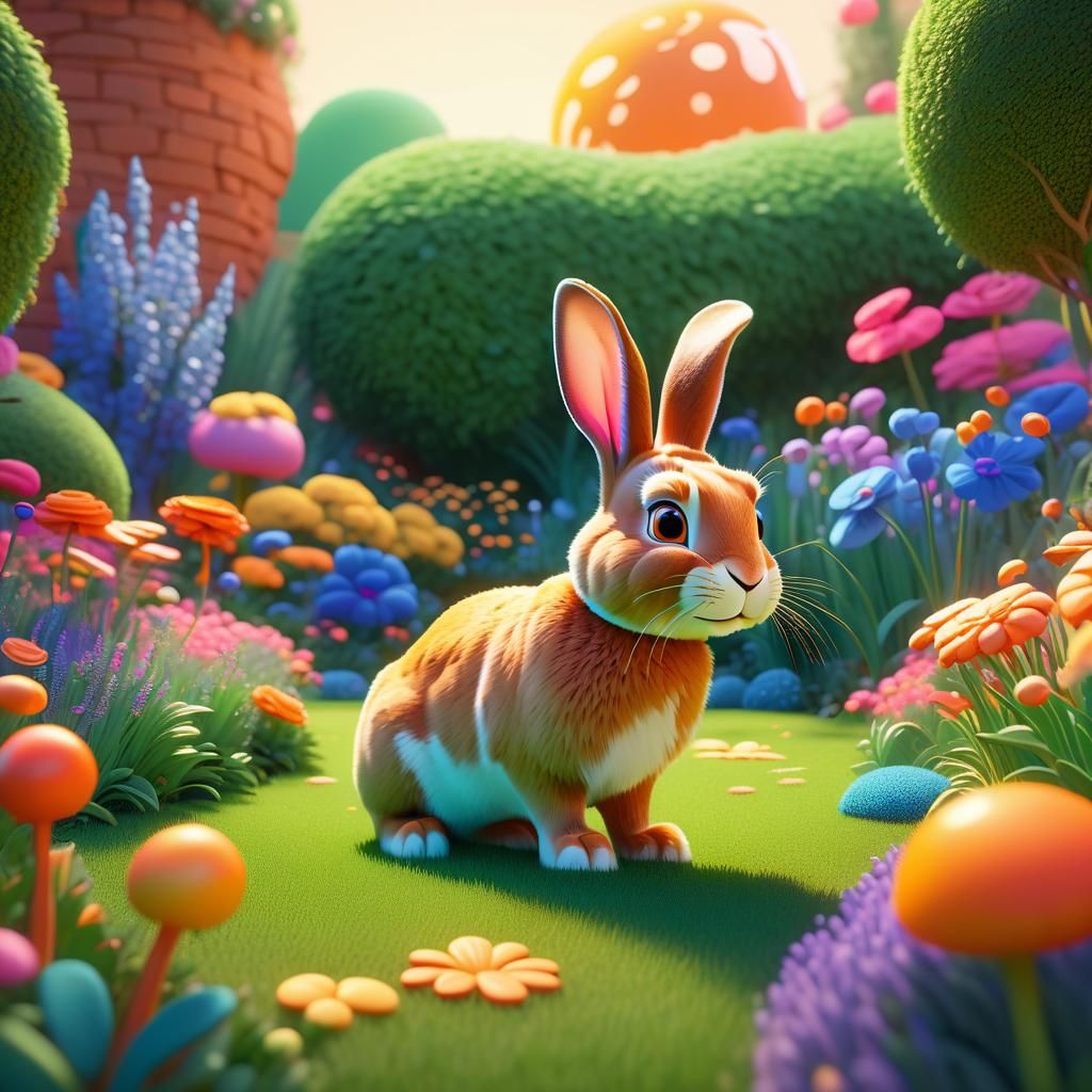 Rabbit in Garden: Pixar-Inspired 3D Digital Art