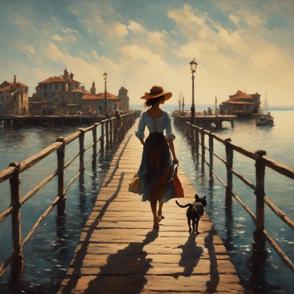 Woman Walking on Pier in Clair Obscur Style