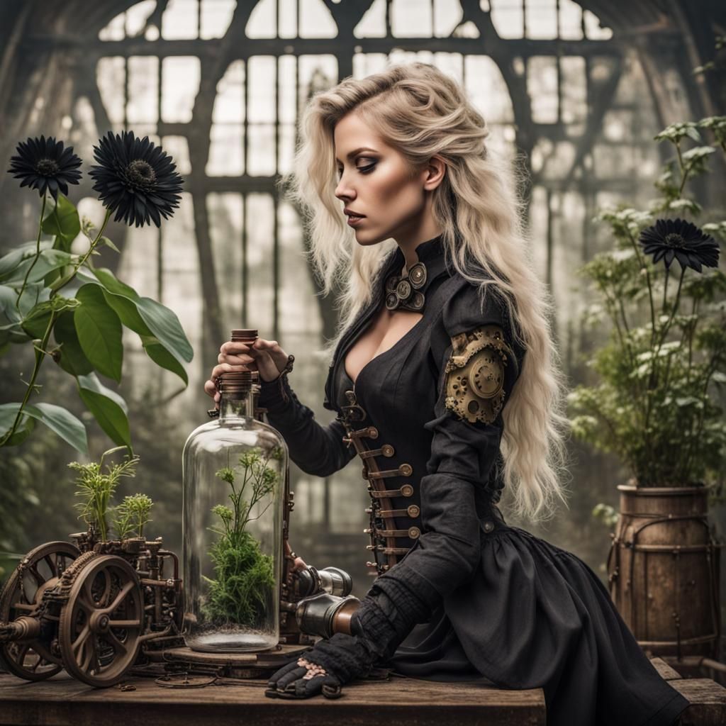 Steampunk Glass Bottle with Plants and Woman