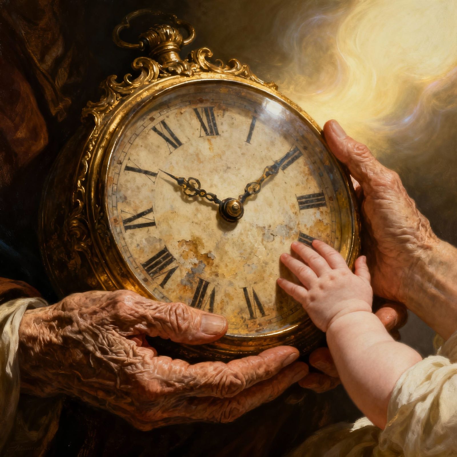 Hands of Time: Aged and Infantile Holding Ornate Clock