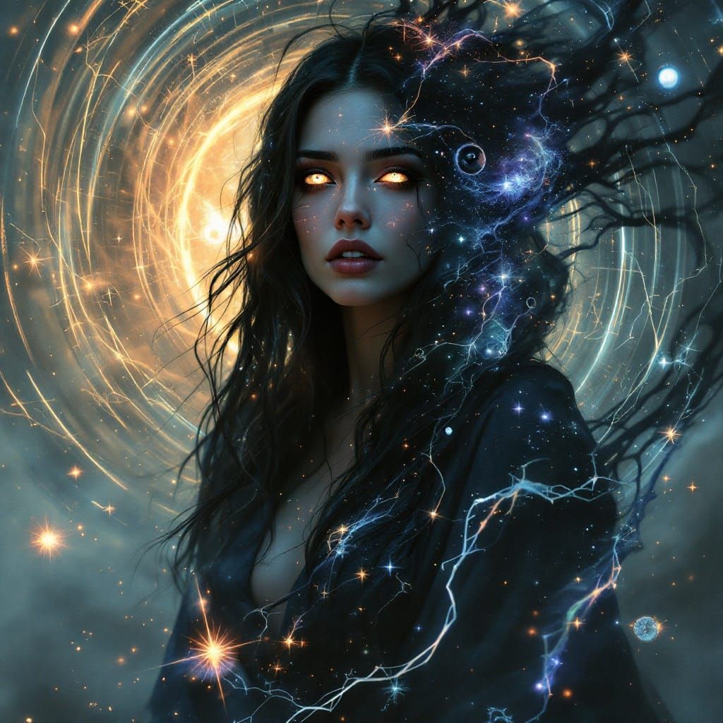 Mythical Woman in Iridescent Hues and Cosmic Whispers