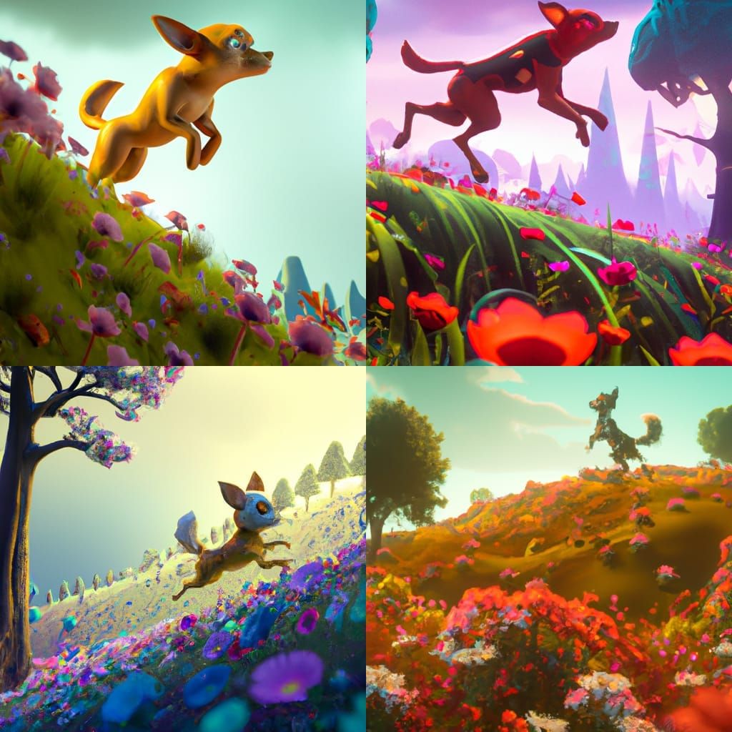 Dog Running on Flowery Hill in Fantasy Art Style