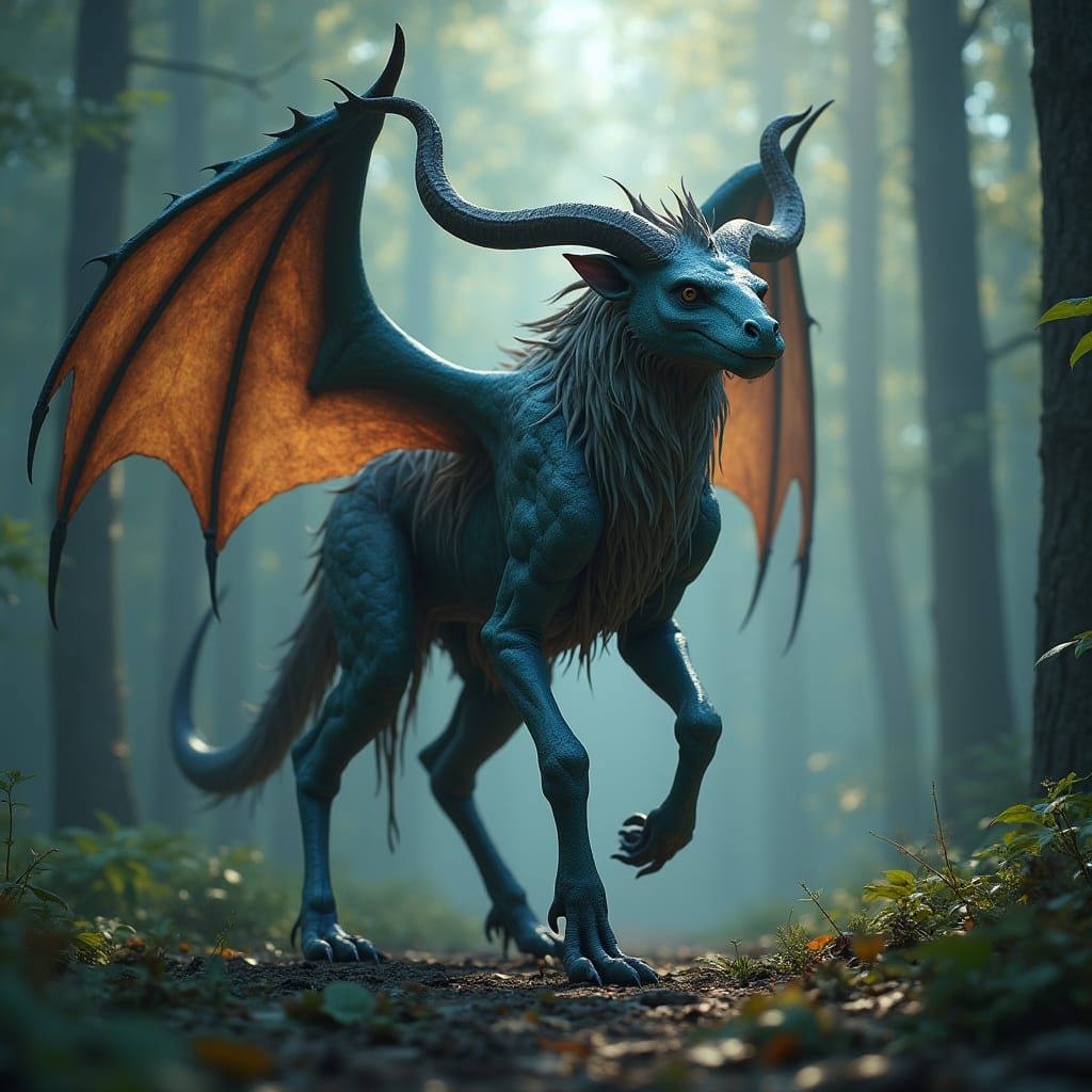 Mythic Winged Creature in Mystical Forest, Matte Painting