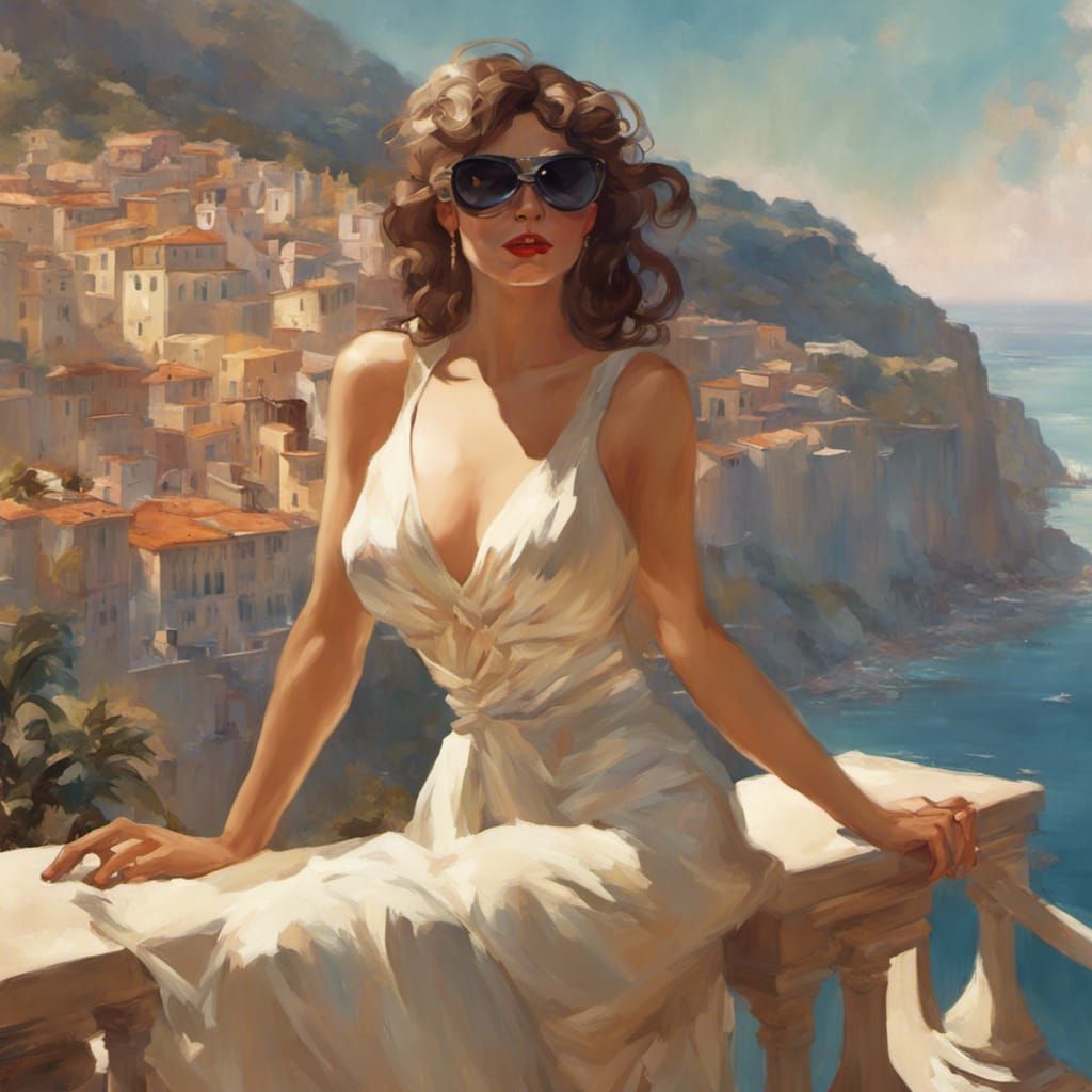 Italian Actress Overlooking Riviera, Frazetta Style