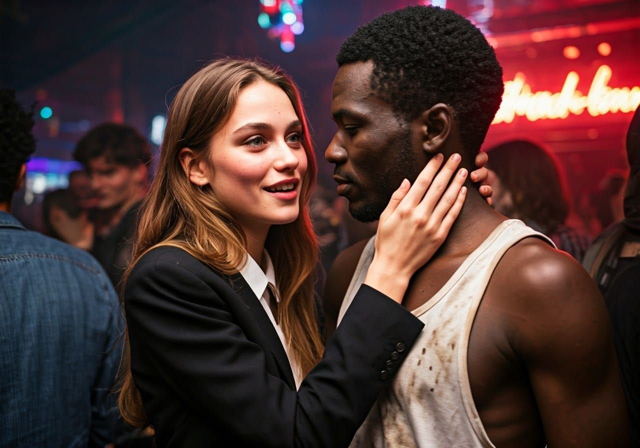 Countess Embraced in Neon Lit Nightclub: Hyperrealism