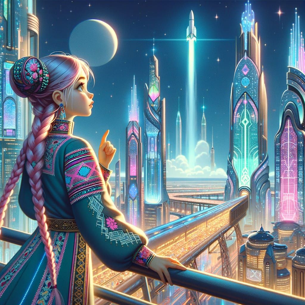 Futuristic Cityscape with Woman in Vyshyvanka