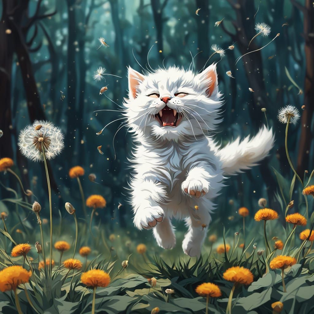 Whimsical White Kitten Amidst Iridescent Dandelions in a Dee...